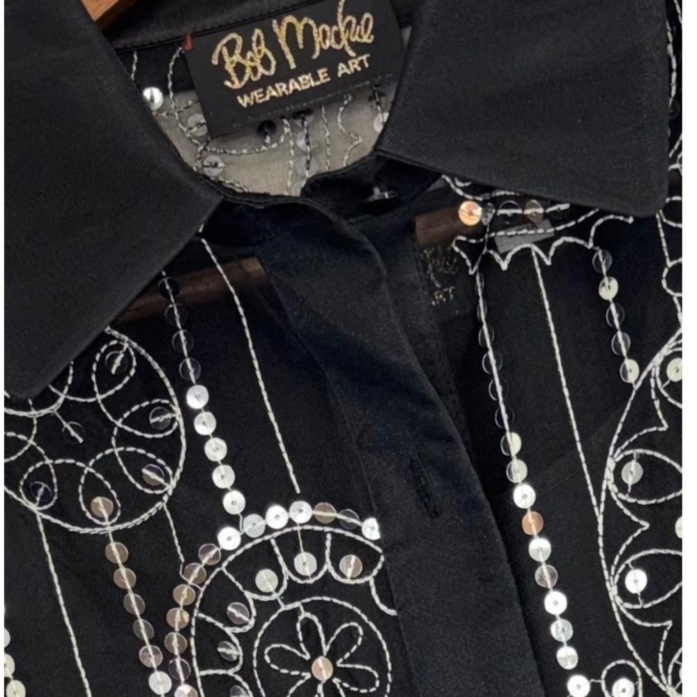 BOB MACKIE WEARABLE ART SET Blouse Sheer Sequin Sequin Vintage‎ RARE Button Down